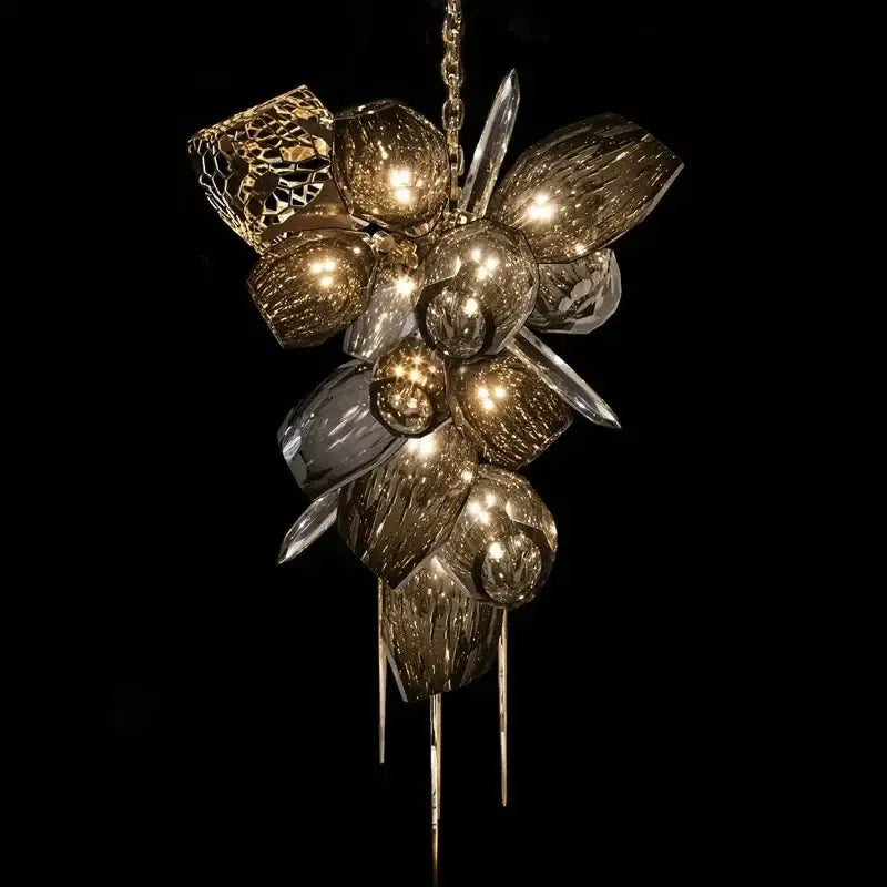 Modern gold flower glass shades led chandelier with textured glass orbs and crystal shards hanging by a delicate chain
