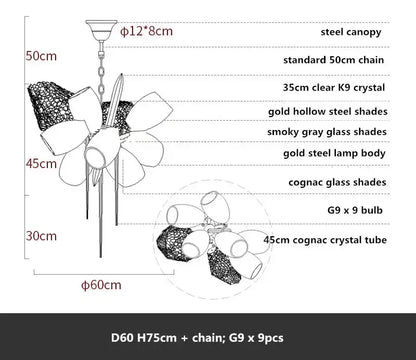 Modern gold flower glass shades led chandelier with smoky gray and cognac glass shades and clear k9 crystal accents