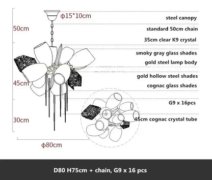 Modern gold flower glass shades led chandelier with smoky gray glass shades and cognac crystal tubes for stairs hanging lamp