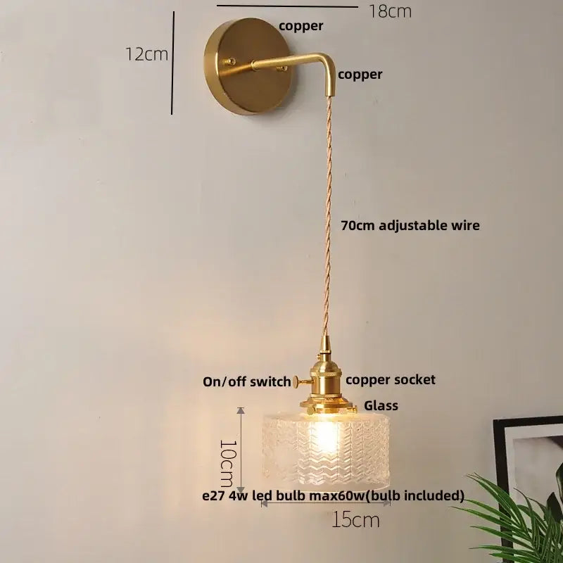 Modern gold fluted clear glass led wall light with brass finish and adjustable copper wire decorative sconce for bedroom