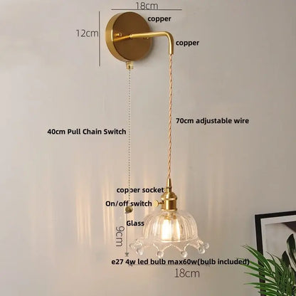 Modern gold fluted clear glass led wall light with copper-finished sconce and adjustable wire for bedroom decorbites clear glass