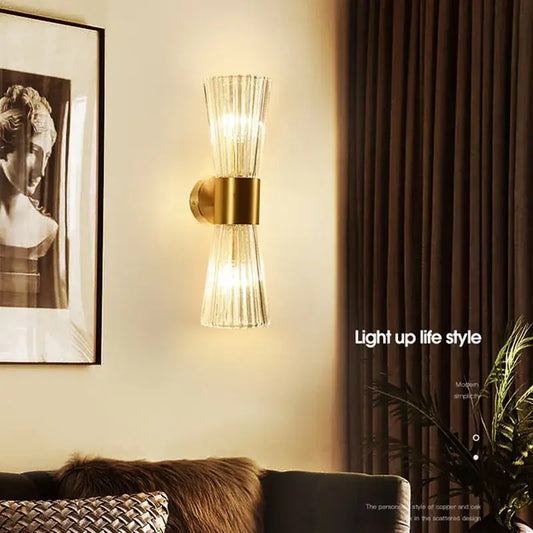 Modern gold wall sconce with fluted crystal glass shades ideal for elegant living room decorbites crystal wall lighting