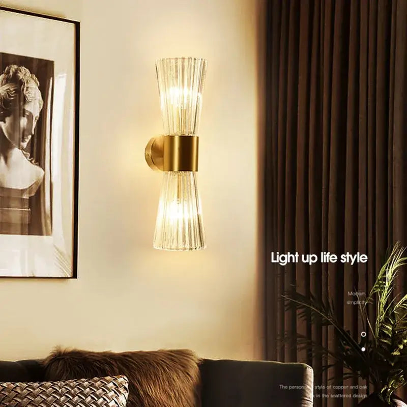 Modern gold wall sconce with fluted crystal glass shades ideal for elegant living room decorbites crystal wall lighting