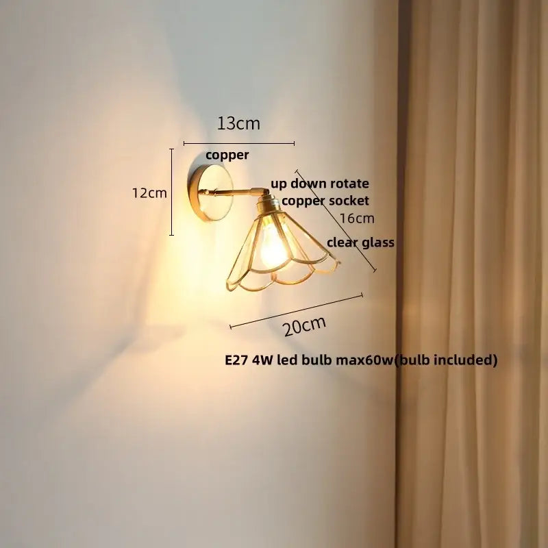 Modern gold fluted glass led wall lights featuring a copper wall sconce with clear glass shade and rotating socket