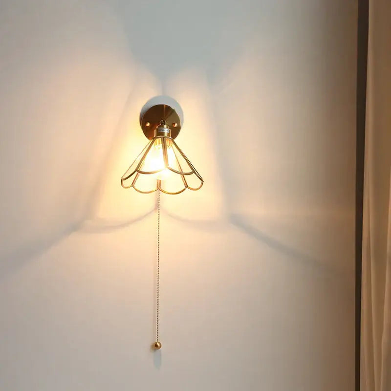 Modern gold fluted glass led wall light with petal-shaped metal cage and pull chain for bedroom decorbites led wall lights