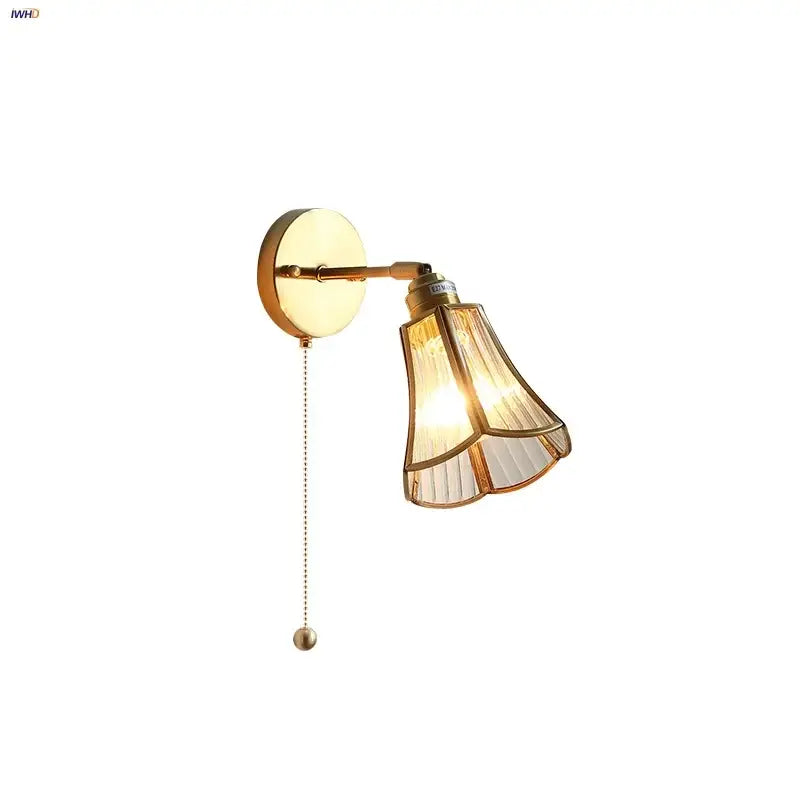 Modern gold led wall sconce with fluted translucent glass shade and ornate metal pull chain for bedroom decorbites led wall
