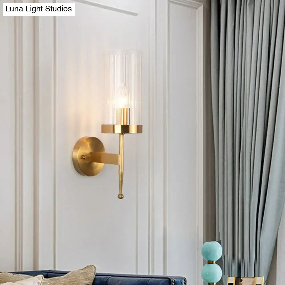 Modern gold wall lamp with fluted clear glass shade and slender design for 110v-120v 220v-240v use in living rooms