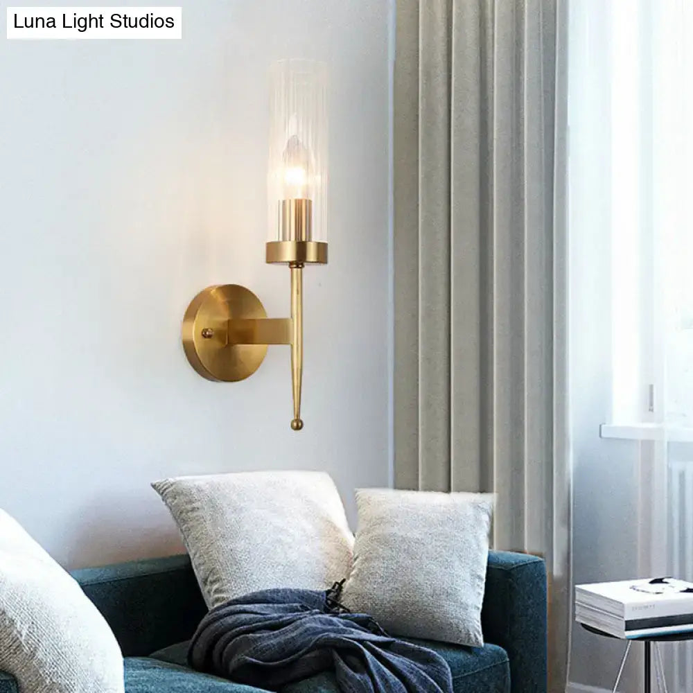 Modern gold wall lamp with fluted clear glass cylinder and exposed bulb compatible with 110v 120v 220v 240v