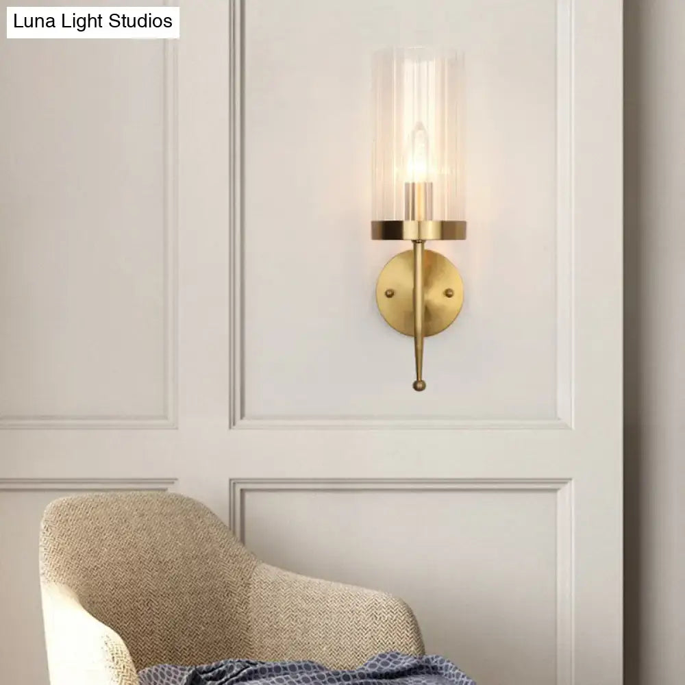 Modern gold wall lamp with fluted clear glass shade and exposed bulb for living room 110v 240v voltage options