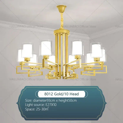 Modern gold geometric chandelier with ten frosted glass shades for luxury living room or living room chandelier lighting