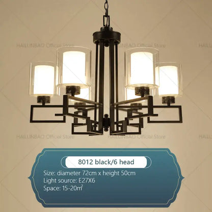 Black metal living room chandelier with six clear glass shades for luxury living room lighting