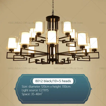 Black wrought iron living room chandelier with ten frosted glass shades and ornate geometric design for luxury living room