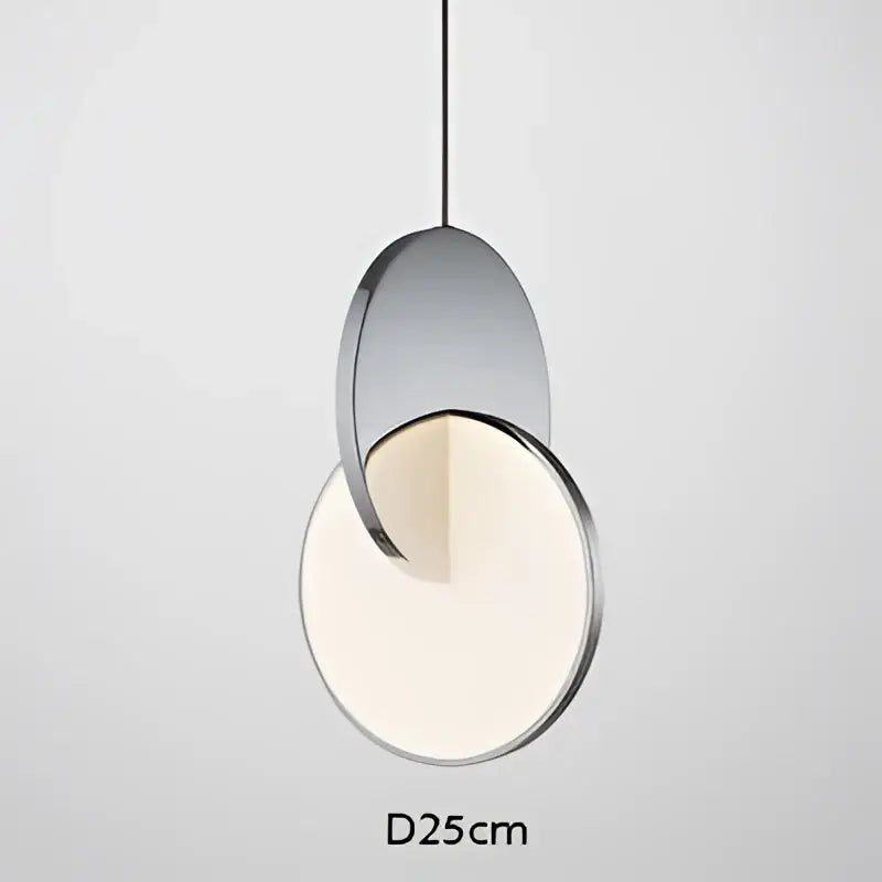 Modern gold geometric circle pendant light with two overlapping circular shades metallic silver and frosted white decorbites geometric circle pendant light