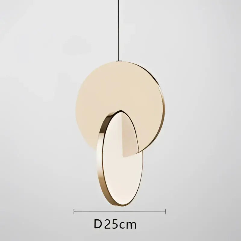 Modern gold geometric circle pendant light with two overlapping discs in matte beige and polished metal frame for dining room decorbites geometric circle