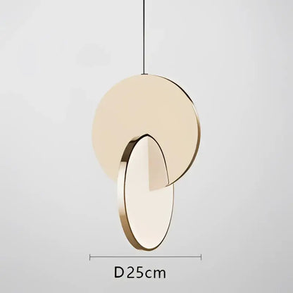 Modern gold geometric circle pendant light with two overlapping discs in matte beige and polished metal frame for dining room decorbites geometric circle