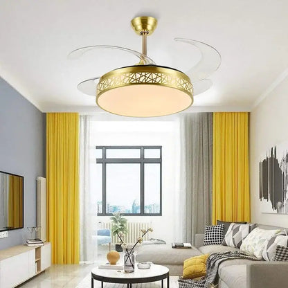 Modern gold decorbites ceiling fan with transparent blades and geometric led light fixture for living room use
