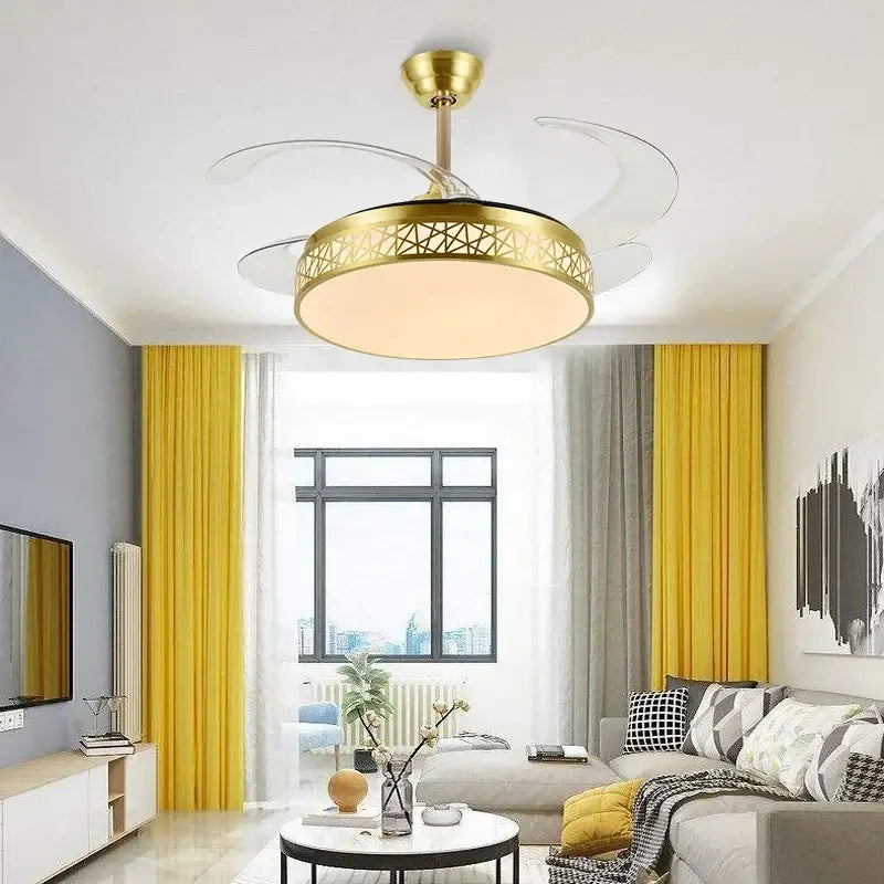 Modern gold decorbites ceiling fan with transparent blades and geometric led light fixture for living room use