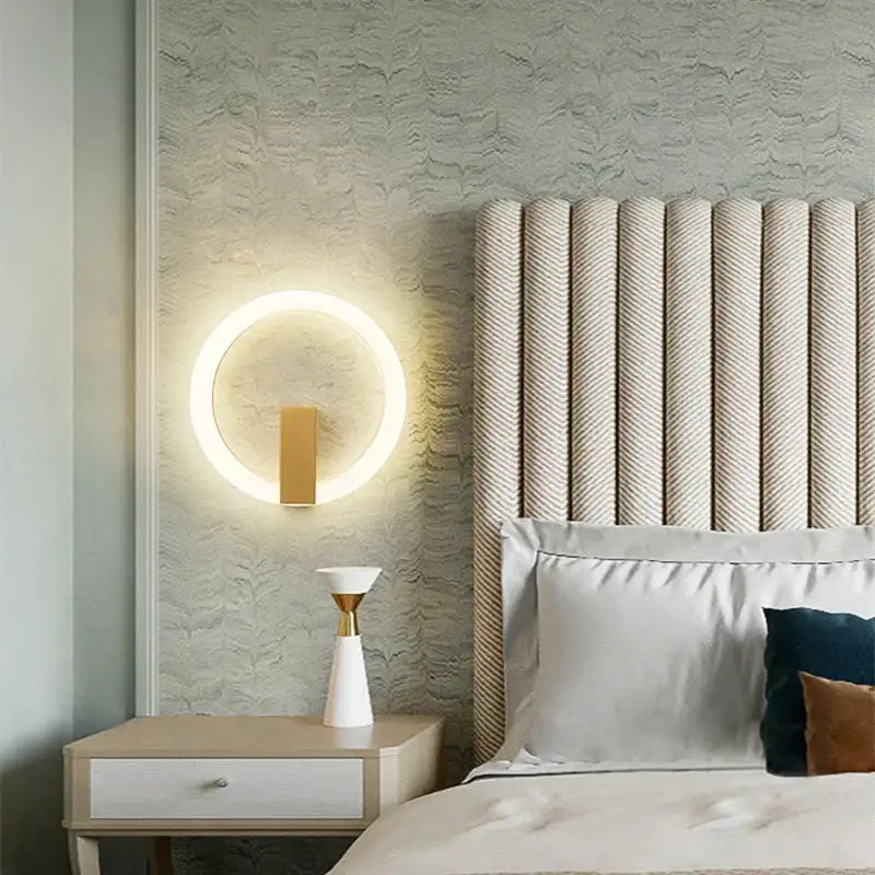 Modern gold geometric led ceiling light with warm circular wall sconce and gold-toned rectangular base for decorbites ceiling light