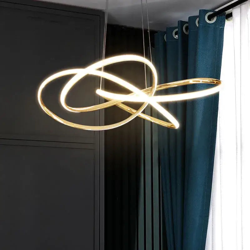 Modern gold geometric line led chandelier with sleek intertwined circular design for stylish dining room decorbites geometric line