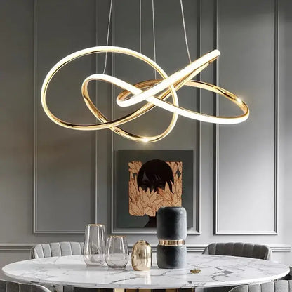 Modern gold geometric line led chandelier with intertwined circular rings for dining room decorbites geometric line lighting