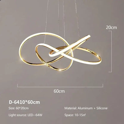 Modern gold geometric line led chandelier featuring gold-toned aluminum and silicone intertwined rings for dining room decorbites geometric line lighting