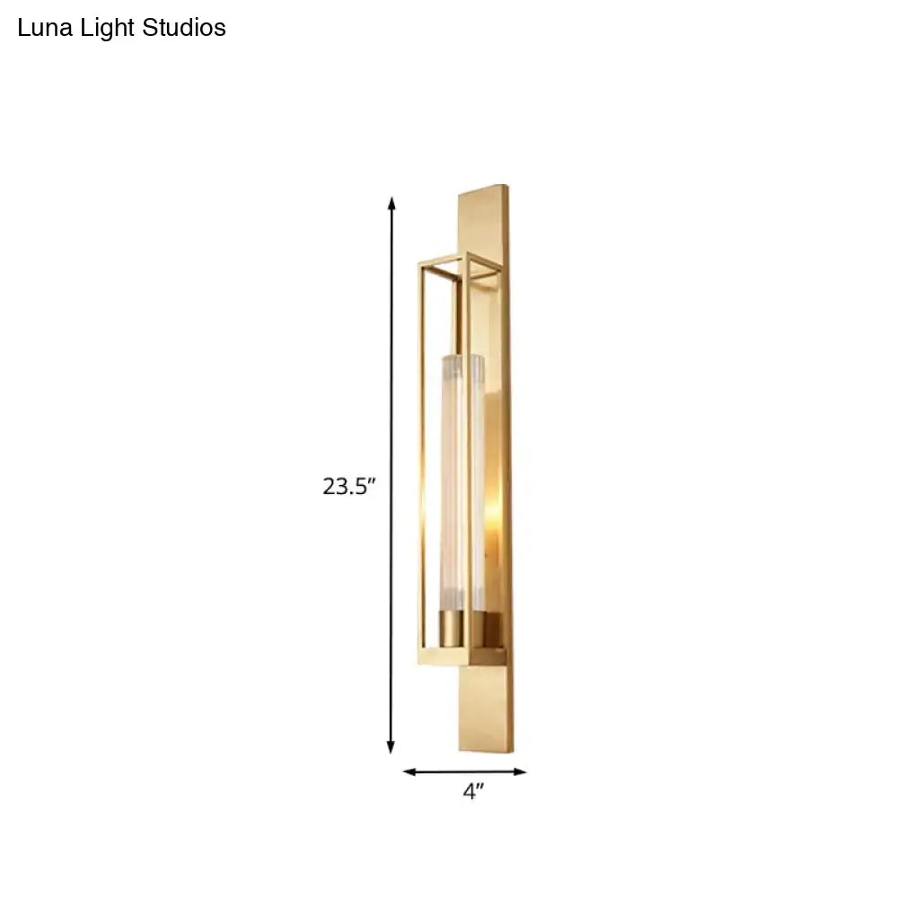 Modern gold wall mount lamp with ribbed clear glass shade in a rectangular frame for bedroom lighting