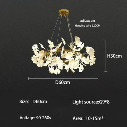 Modern gold ginkgo branch leaf led chandelier with elegant white leaves and gold-toned metal frame for living room decorbites ginkgo branch