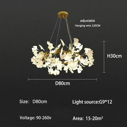 Modern white ginkgo branch leaf led chandelier with gold-toned ceiling mount and adjustable wire for living room decorbites ginkgo branch