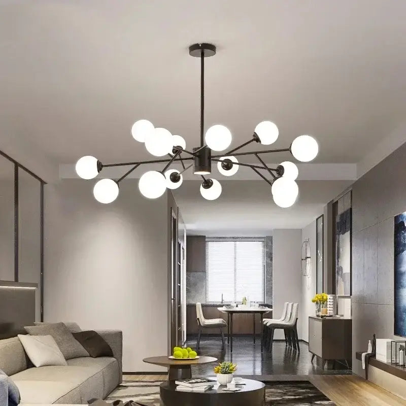 Modern black metal chandelier with multiple spherical white glass globe lights perfect for ball modern branch decorbites glass ball