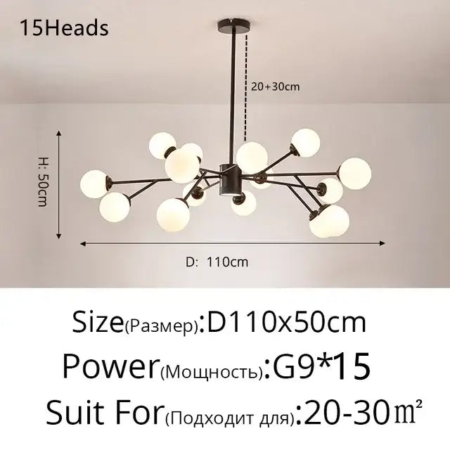 Modern black metal chandelier with fifteen frosted white globe lights for living room decorbites glass ball modern branch