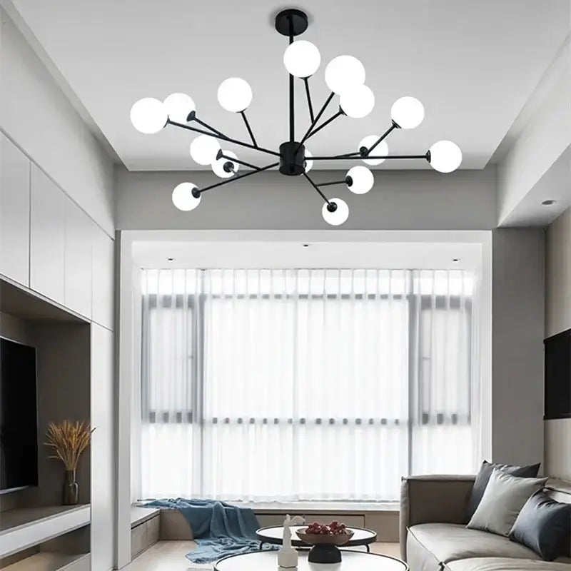 Black metal ball modern branch chandelier with multiple white glass ball globes for decorbites glass ball lighting