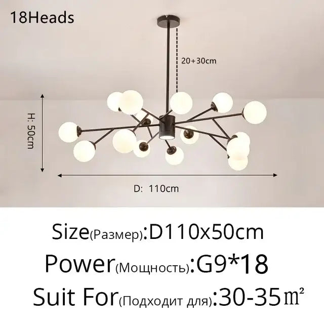Modern black metal chandelier with 18 frosted white glass ball lights for living room decorbites glass ball modern branch