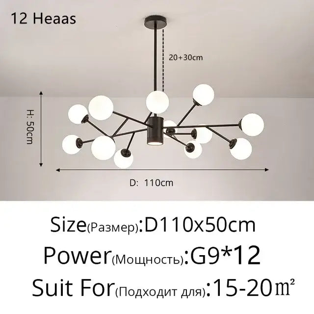 Modern black metal chandelier with twelve frosted white glass globes for living room decorbites glass ball style