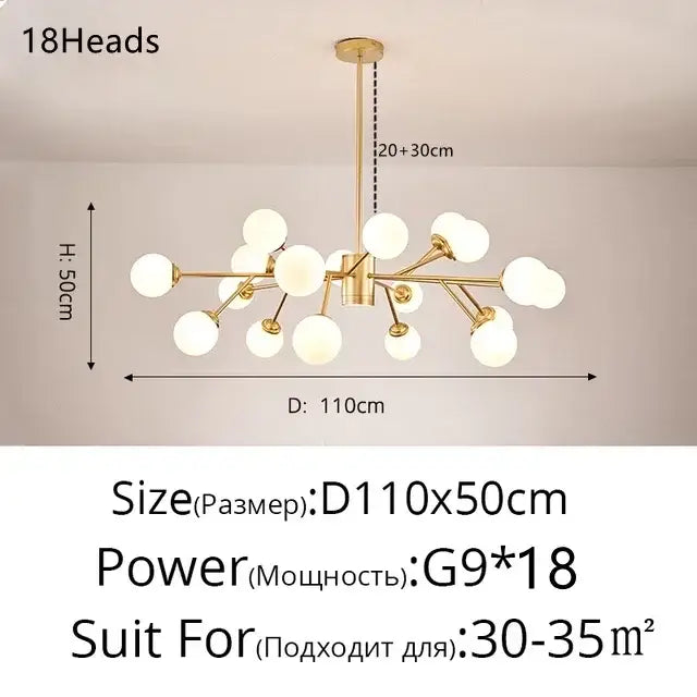 Modern gold glass ball chandelier with 18 frosted glass globes decorative branch design for living room decorbites glass ball