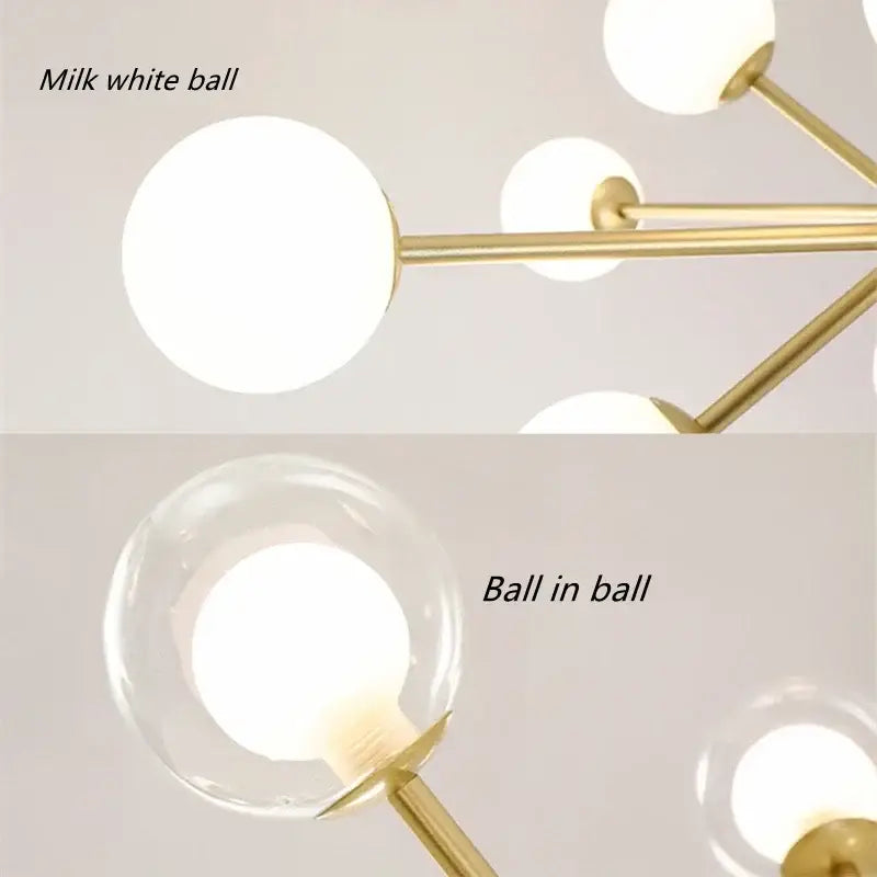 Modern gold glass ball branch chandelier with gold-toned metal arms and spherical milk white glass shades decorbites glass ball