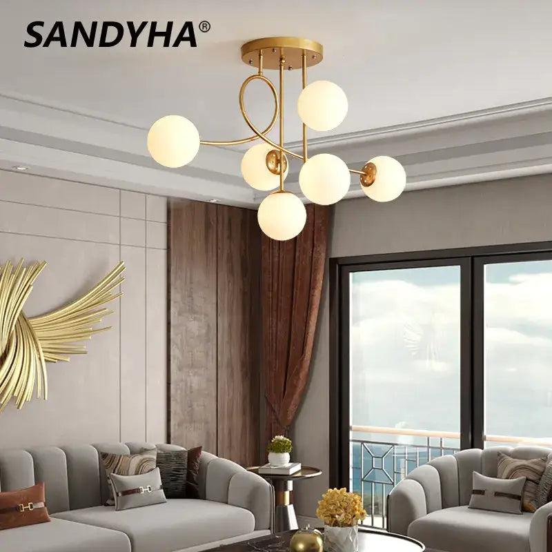 Modern gold glass ball led ceiling chandelier with six frosted glass globe shades for upscale living room decorbites ceiling chandelier