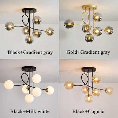 Modern gold ceiling chandelier with curved metal frame and multicolor decorbites glass ball led globes for living rooms