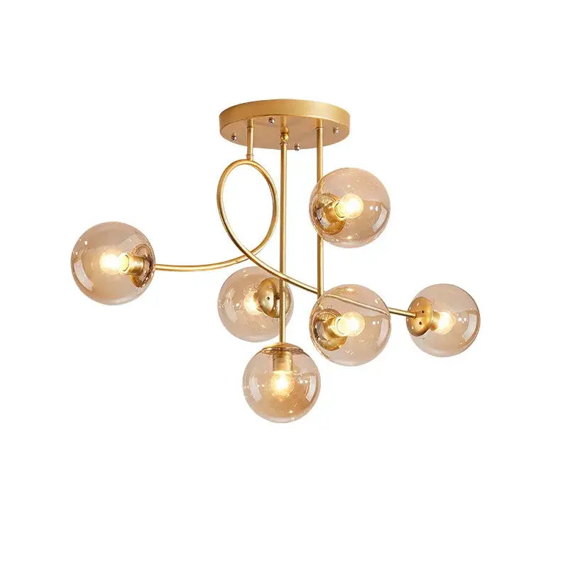 Modern gold ceiling chandelier with six amber glass ball led shades and curved metallic arms for living room decorbites glass ball