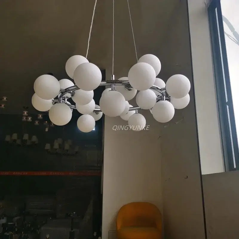 Modern white spherical glass ball led chandelier with chrome metal frame for dining room decorbites glass ball pendant light