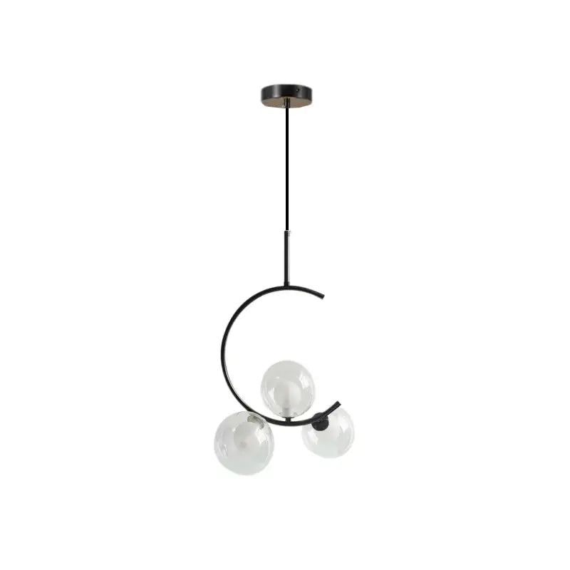 Modern black metal pendant light with three clear glass globe bulbs in a curved decorbites glass ball led design