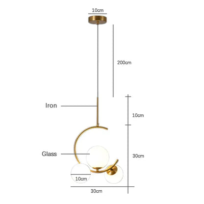 Modern gold brass-finished iron pendant light with three frosted glass spheres in a curved arc for decorbites glass ball led chandelier
