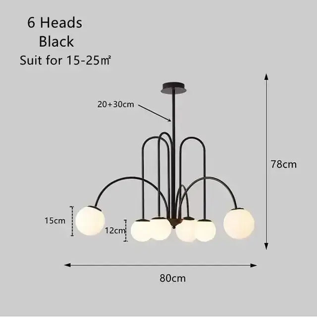 Black metal ball led chandelier with six frosted glass globes for modern dining room decorbites glass ball lighting