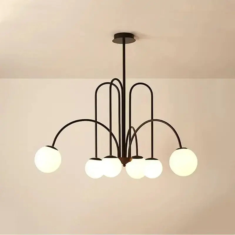 Black metal ball led chandelier with six frosted glass globes for dining room decorbites glass ball lighting
