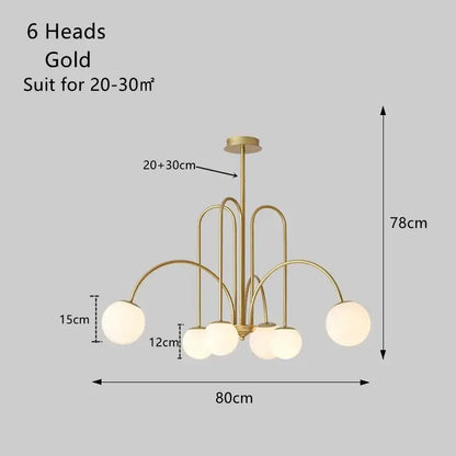 Modern gold glass ball led chandelier with six spherical glass shades and curved metal arms for dining room decorbites glass ball