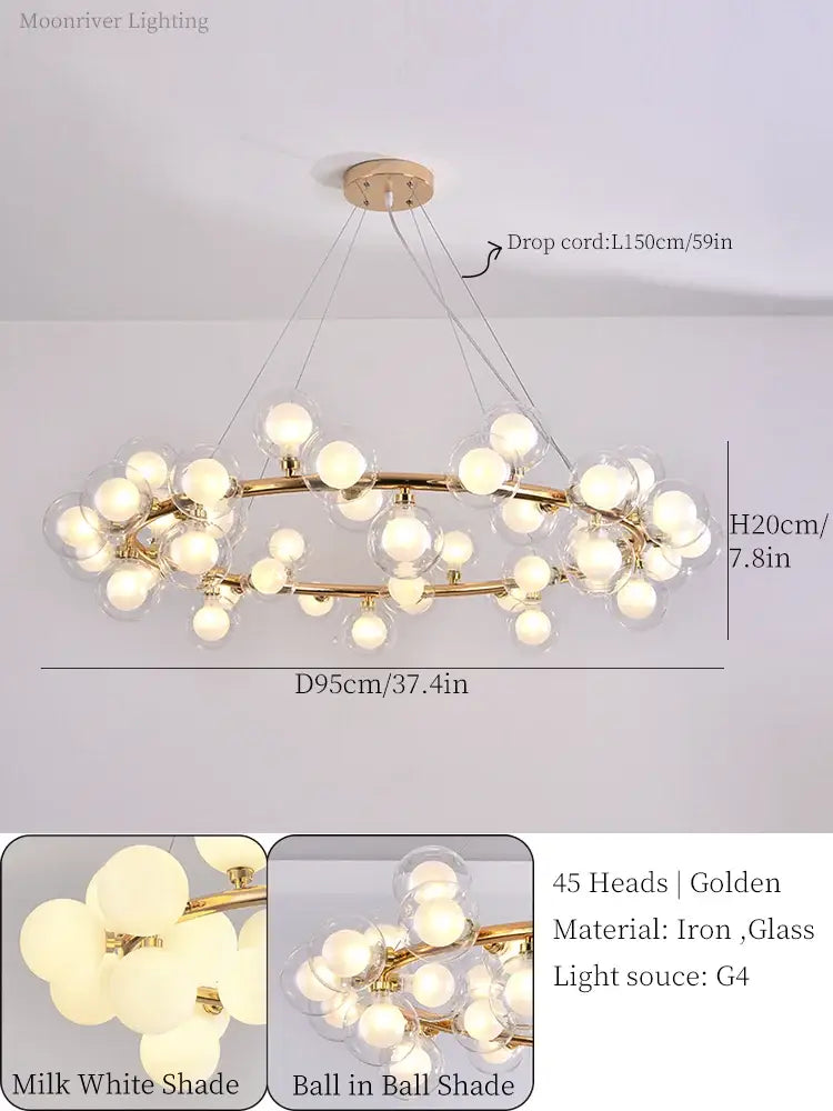 Modern gold glass ball led chandelier with 45 milk white globes in circular cluster for dining room decorbites glass ball