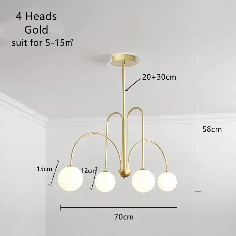 Modern gold glass ball led chandelier with four frosted glass shades and curved metal arms for dining room decorbites glass ball