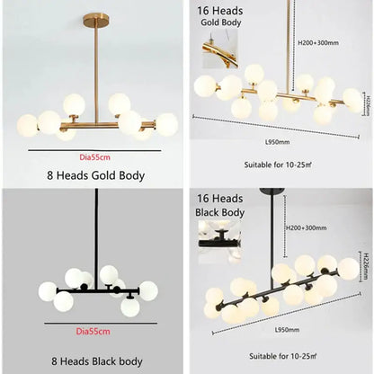 Modern gold glass ball led chandelier with 8 frosted glass globe lights on sleek metallic arms for kitchen decorbites glass ball
