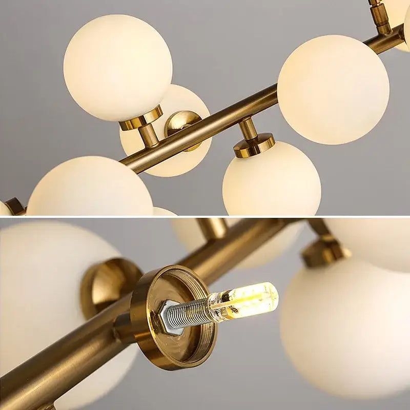 Modern gold glass ball led chandelier with brass finish and frosted white globes for kitchen and dining room decorbites glass ball