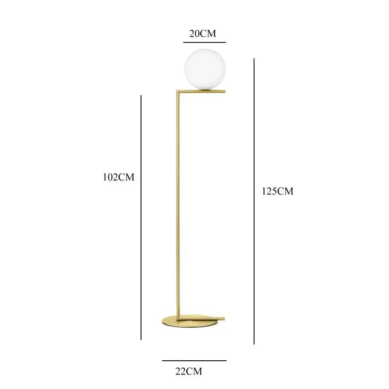 A modern gold glass ball led chandelier light floor lamp with polished metal frame and frosted spherical shade for decorbites