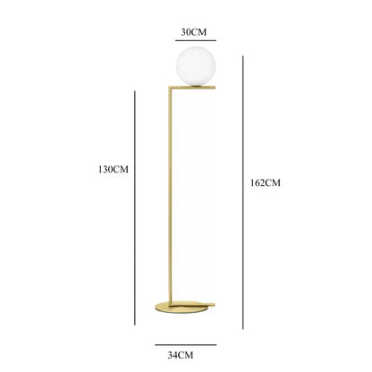 A modern gold floor lamp with a polished metal frame and frosted decorbites glass ball led chandelier light shade